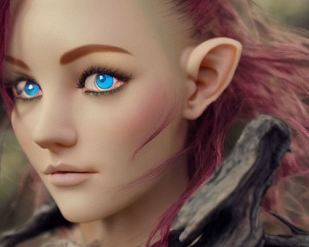 Fantasy elfin character with blue eyes, pointed ears, and magenta hair in woodland setting