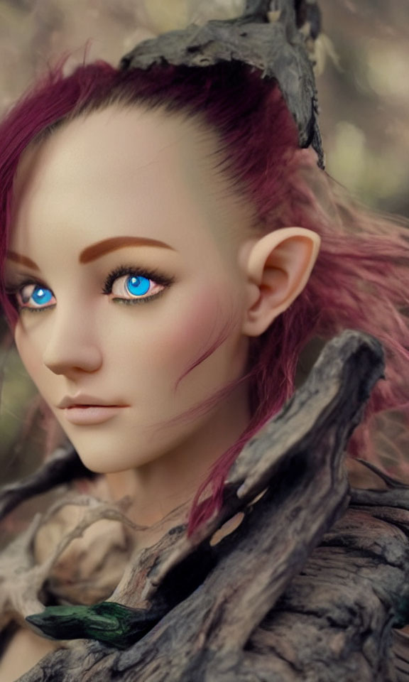 Fantasy elfin character with blue eyes, pointed ears, and magenta hair in woodland setting