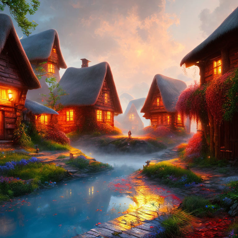 Picturesque fairytale village at sunset with thatched-roof cottages, cobblestone path