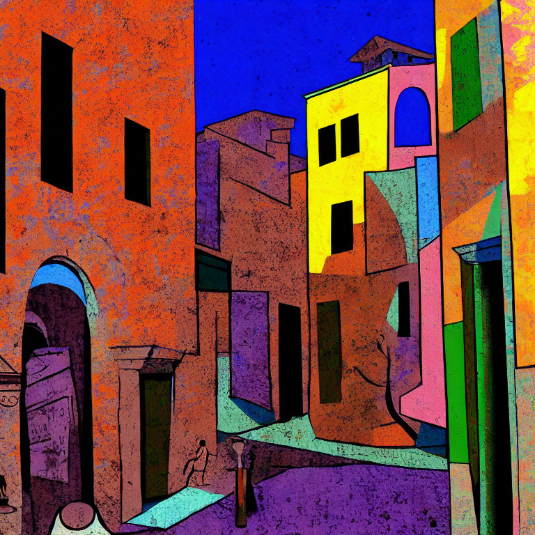 Vibrant illustration of urban street with geometric buildings