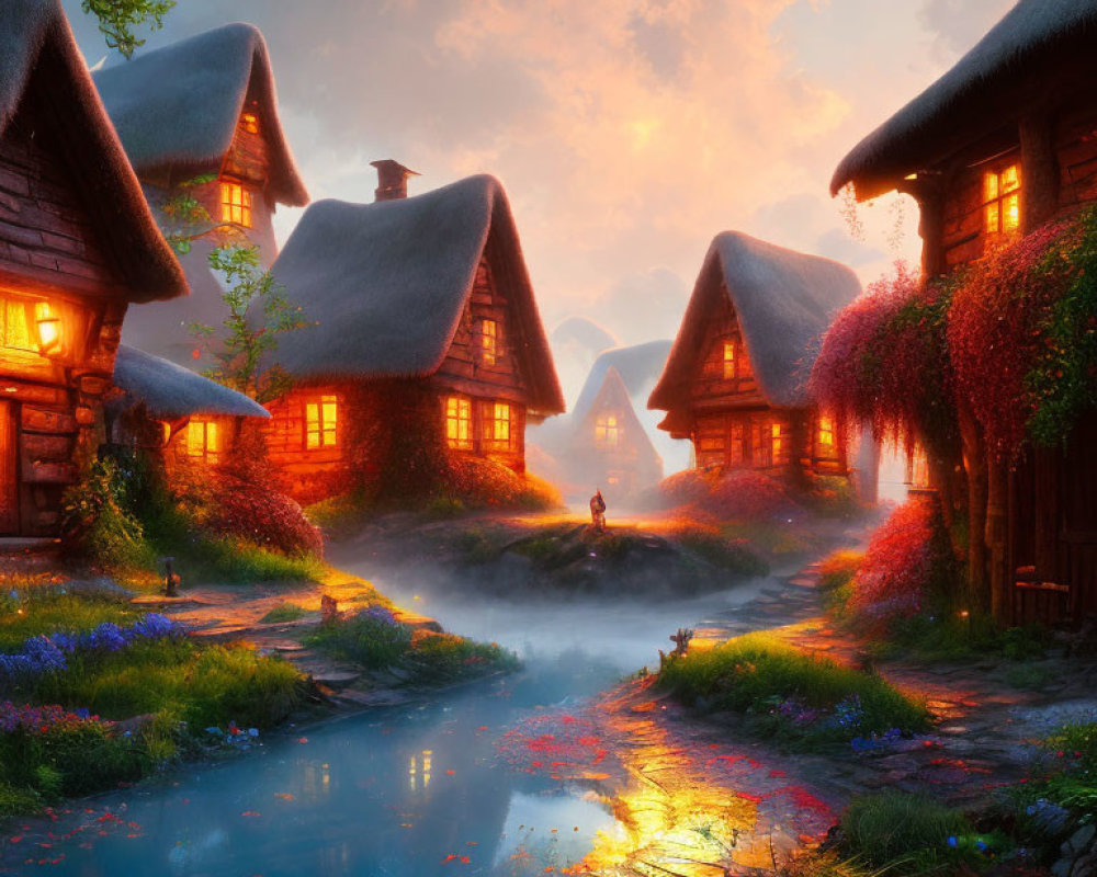 Picturesque fairytale village at sunset with thatched-roof cottages, cobblestone path