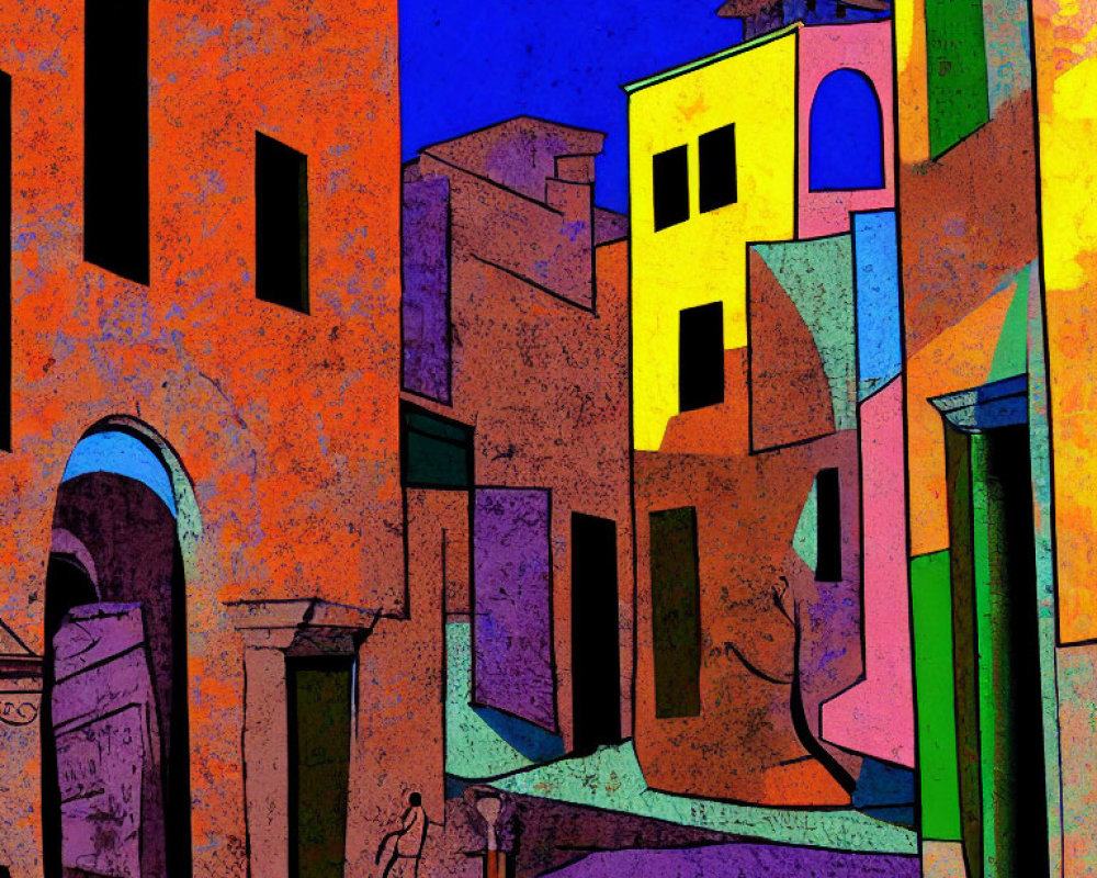 Vibrant illustration of urban street with geometric buildings