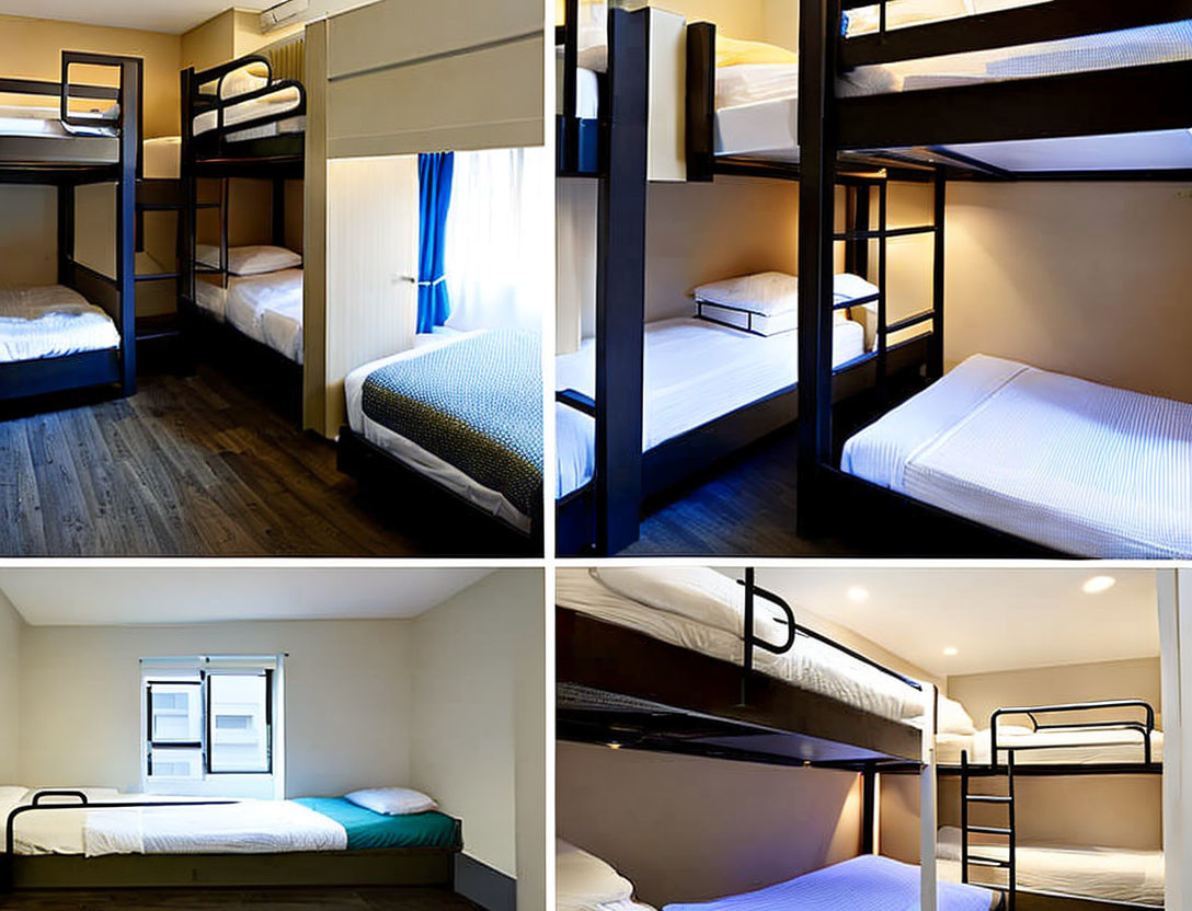 Four-angle Collage of Dormitory-style Room with Bunk Beds