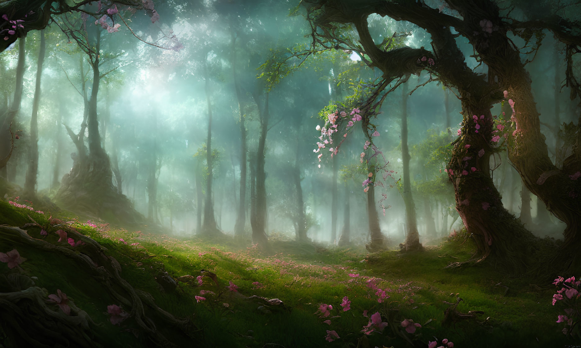 Misty forest scene with pink flowers and lush greenery