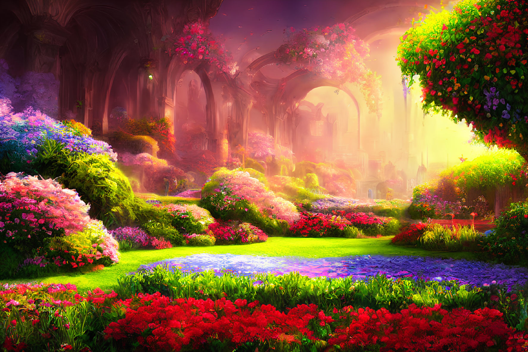 Lush Fantasy Garden with Blooming Trees and Pathway