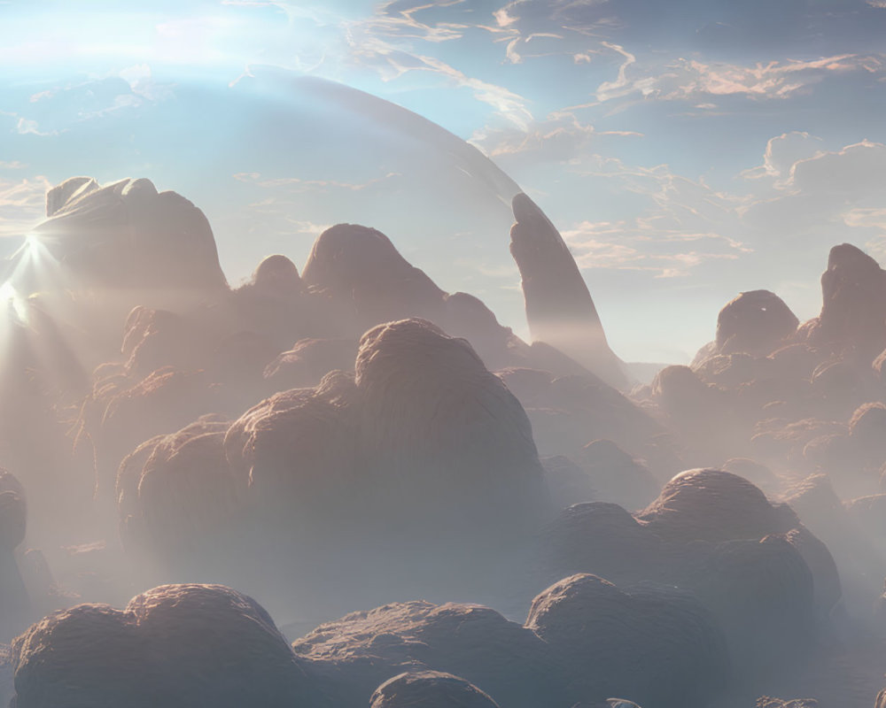 Misty mountains and ringed planet in serene landscape