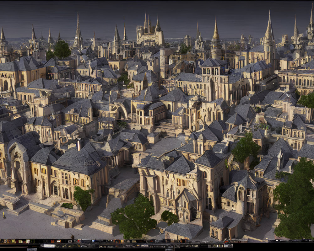 Detailed CG render of medieval cityscape with Gothic buildings, cobblestone streets, and golden dusk light