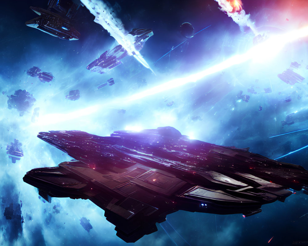 Futuristic space battle with vibrant cosmic backdrop and energy beams