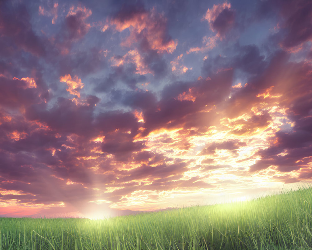 Expansive tall grass field under vibrant sunset sky