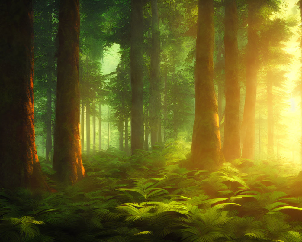 Lush Green Forest with Sunlight Filtering Through