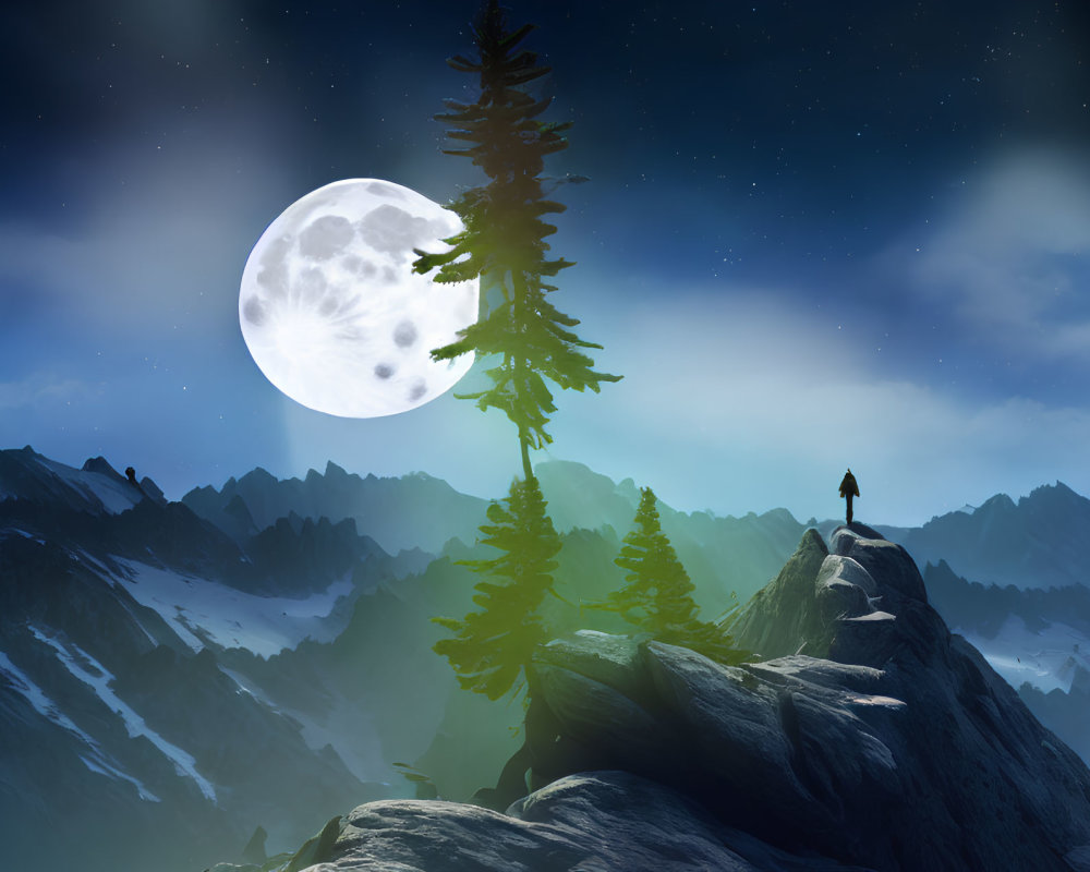 Person standing on mountain peak under starry sky with full moon and towering pines