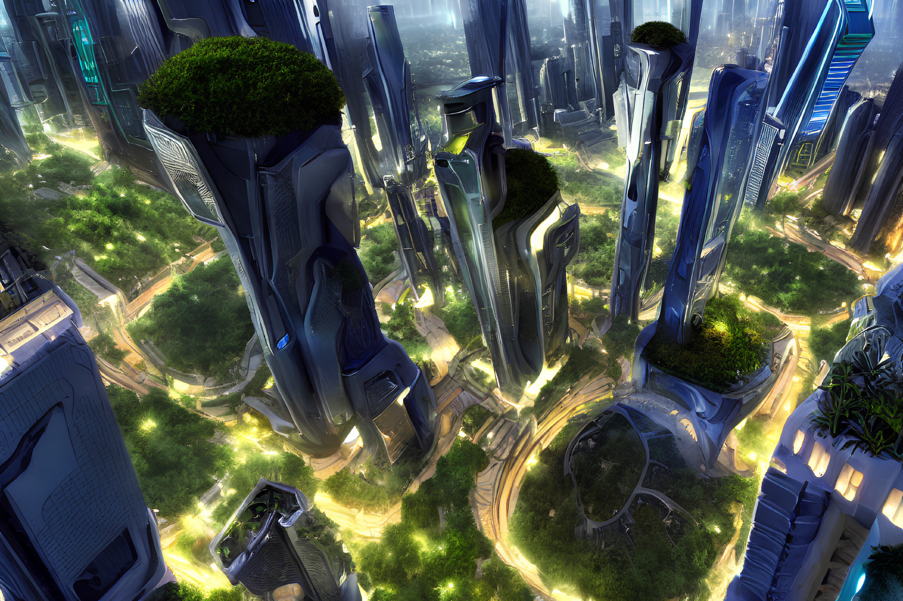 Futuristic cityscape with towering greenery-adorned skyscrapers and advanced urban architecture