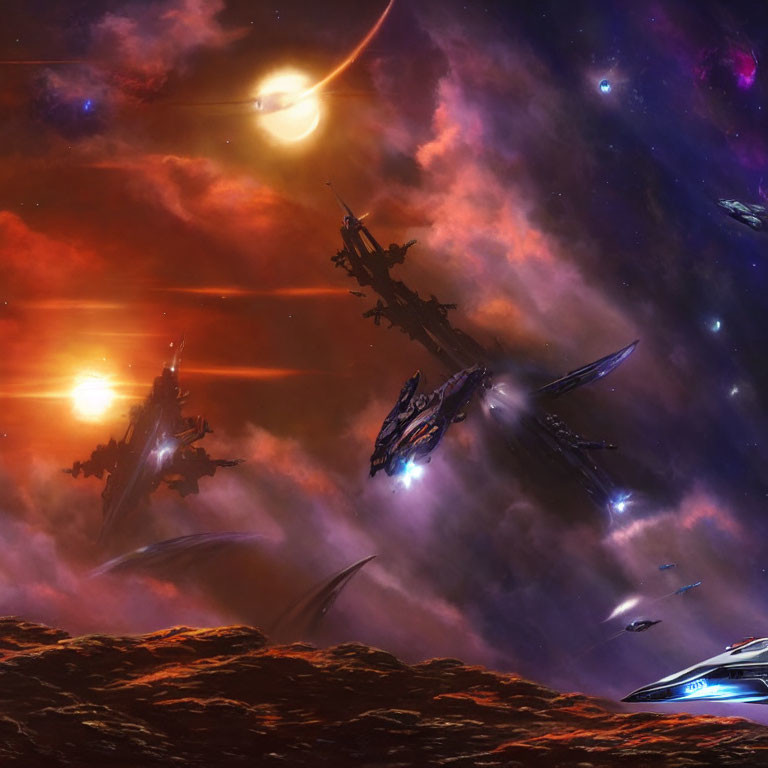 Sci-fi scene: Spaceships over alien planet with nebula, stars, and three suns