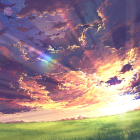 Expansive tall grass field under vibrant sunset sky