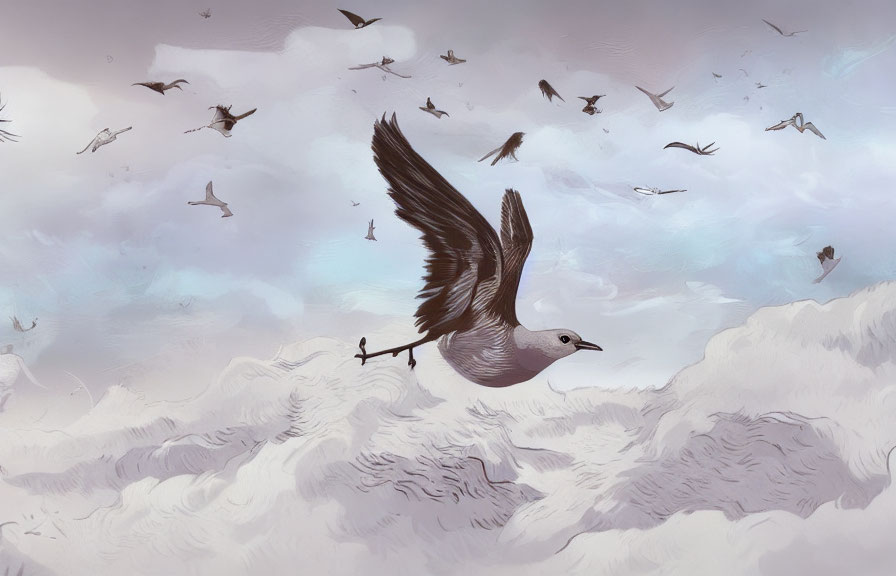 Bird carrying twig in flock over cloudy landscape