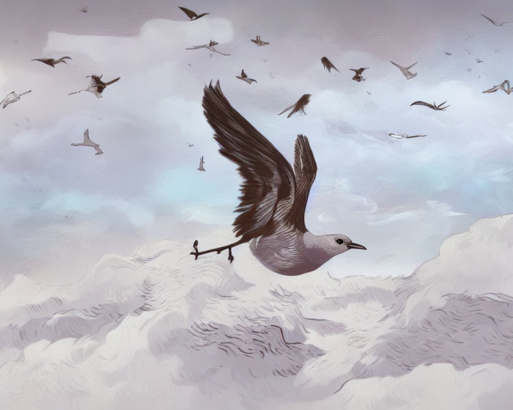 Bird carrying twig in flock over cloudy landscape