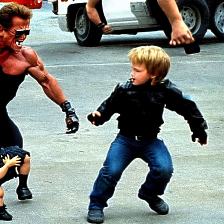 Child in black outfit confronts smiling, muscular adult in sunglasses