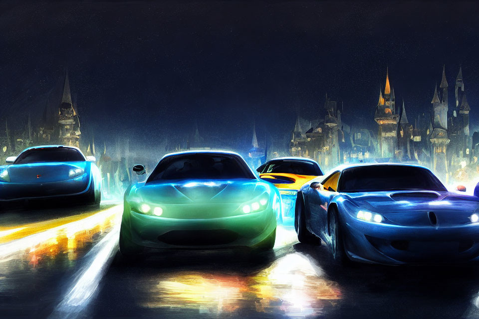 Night scene of cars with glowing headlights on rain-slicked road and vibrant cityscape.