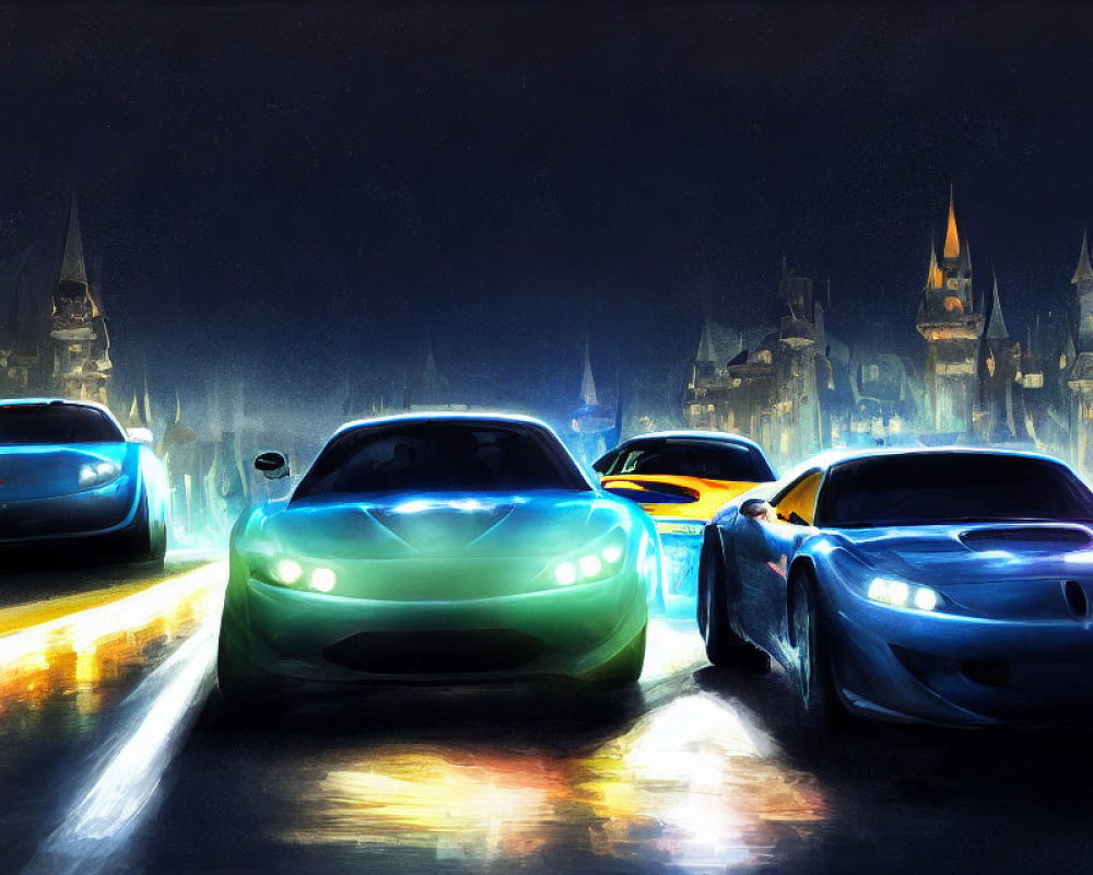 Night scene of cars with glowing headlights on rain-slicked road and vibrant cityscape.