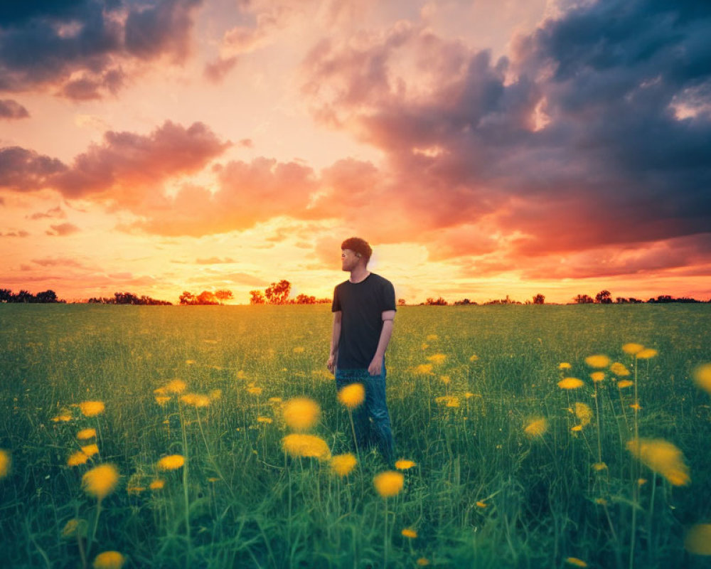 Person in Yellow Flower Field at Vibrant Sunset with Dramatic Sky