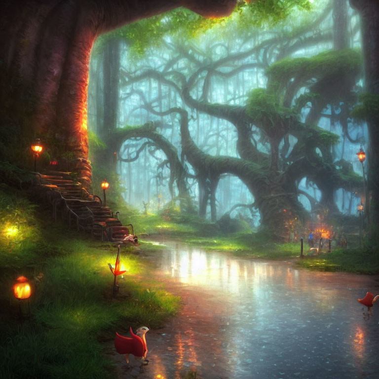 Enchanted forest with luminous trees, cobblestone stairway, glowing lanterns, mystical