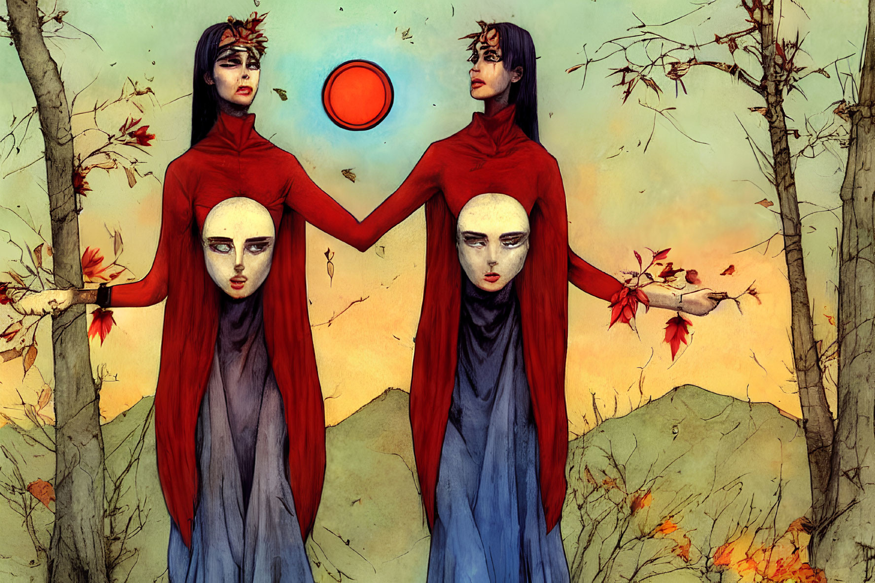 Ethereal figures in red and blue holding glowing orb among bare trees