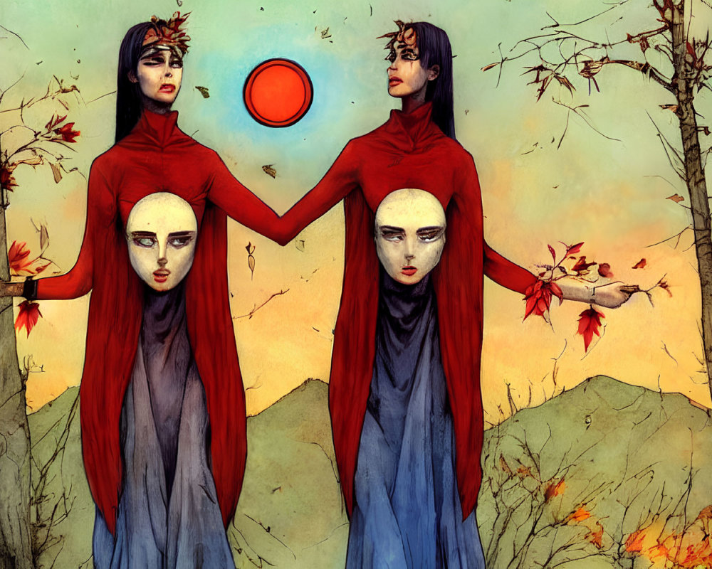 Ethereal figures in red and blue holding glowing orb among bare trees