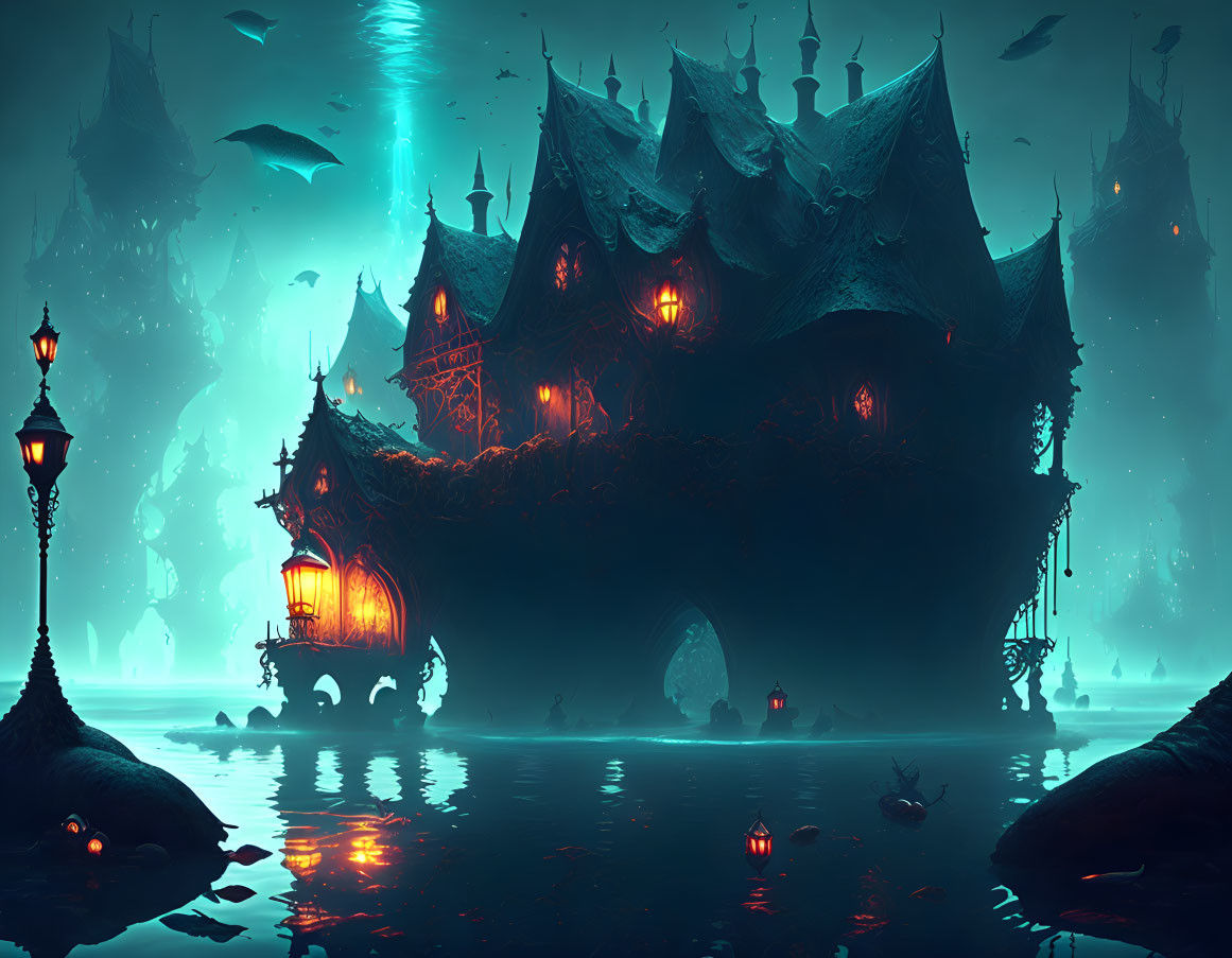 Fantasy castle floating on water with glowing windows, surrounded by flying creatures and silhouetted figures