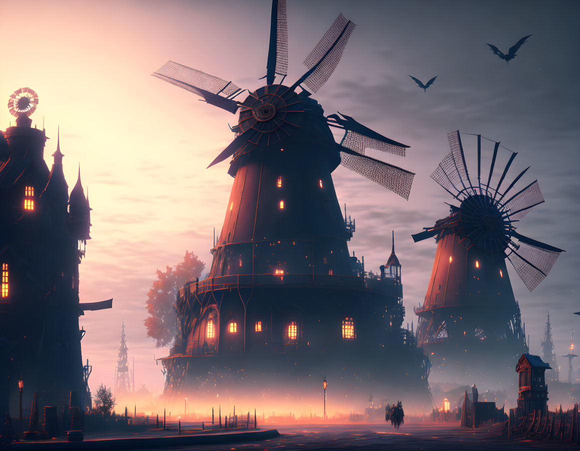 Twilight mist with illuminated windmills and gothic architecture