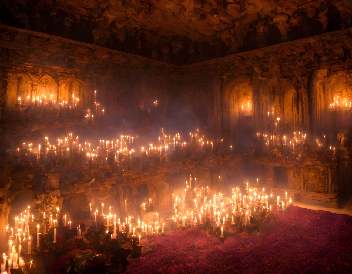 Elaborate Carvings, Lit Candles, Smoky Haze in Red Room