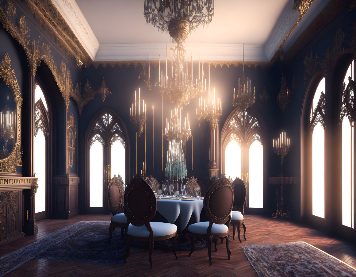 Luxurious dining room with gothic arched windows, grand chandelier, golden trimmings,