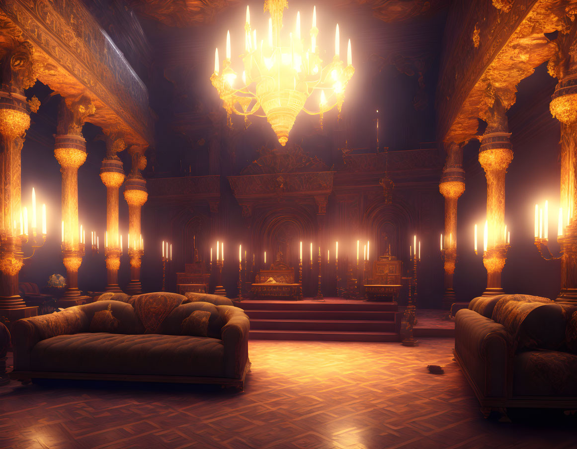 Luxurious Golden Room with Pillars, Chandeliers, Candles, Plush Seating