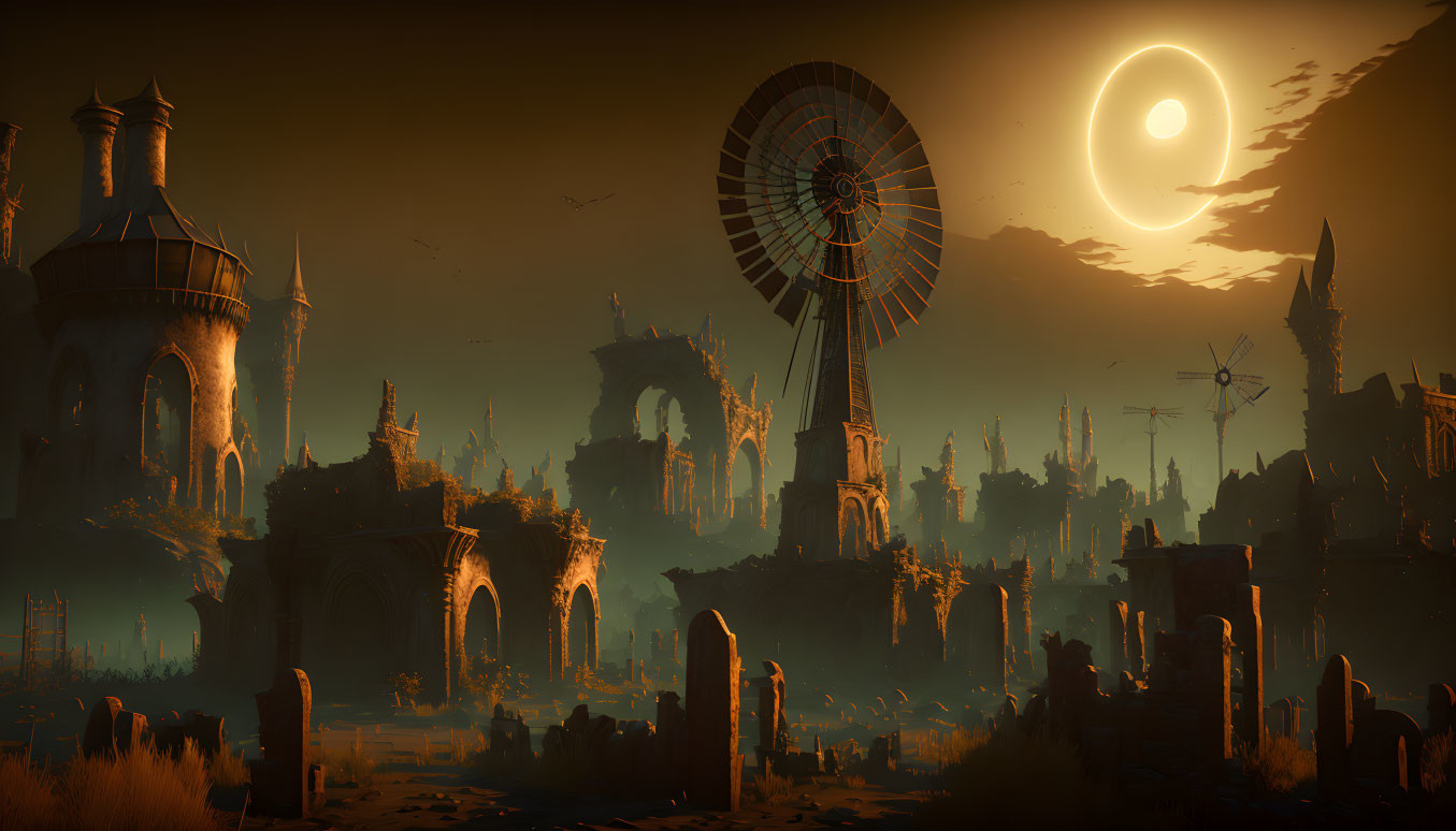 Post-apocalyptic dusk scene with windmill, dilapidated structures, and crescent moon.