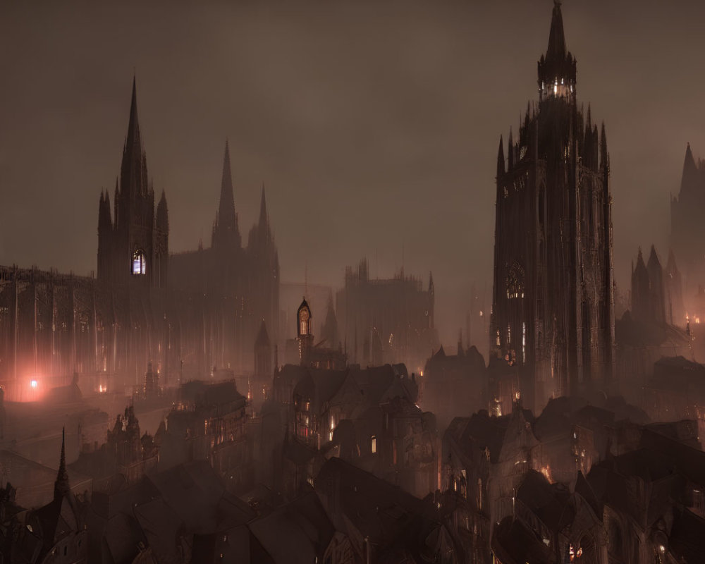 Gothic cityscape at night with fog and cathedral spires