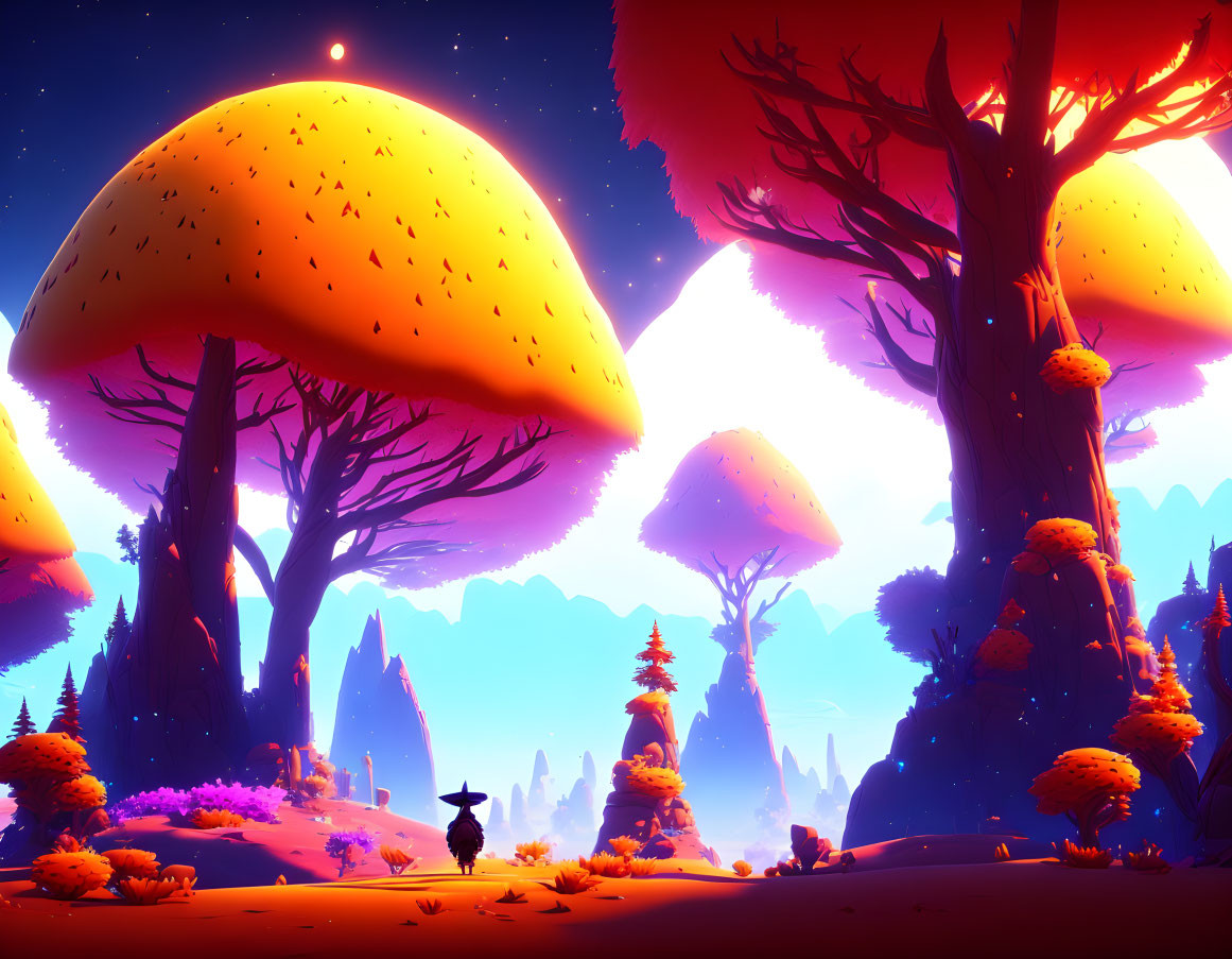 Fantasy landscape with giant mushroom trees and small figure under twilight sky