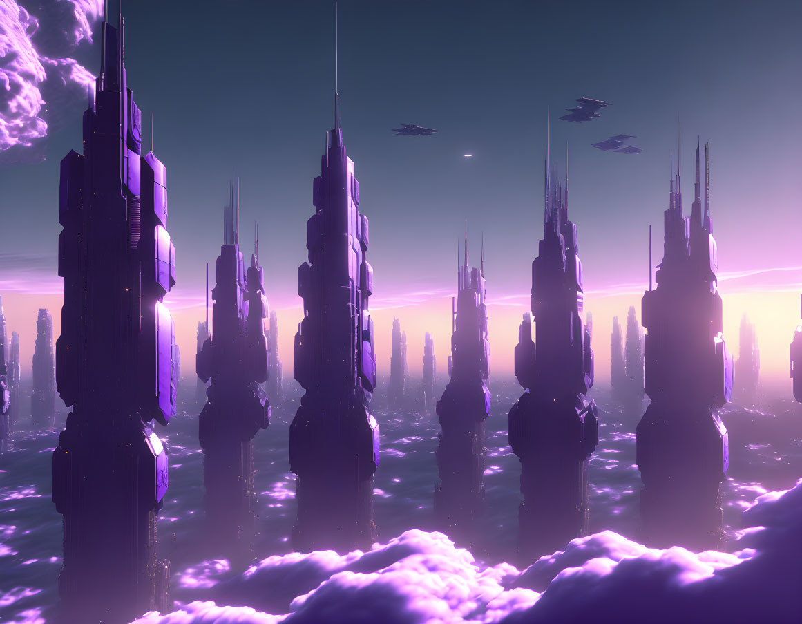 Futuristic cityscape with towering spires and flying vehicles under a purple sky