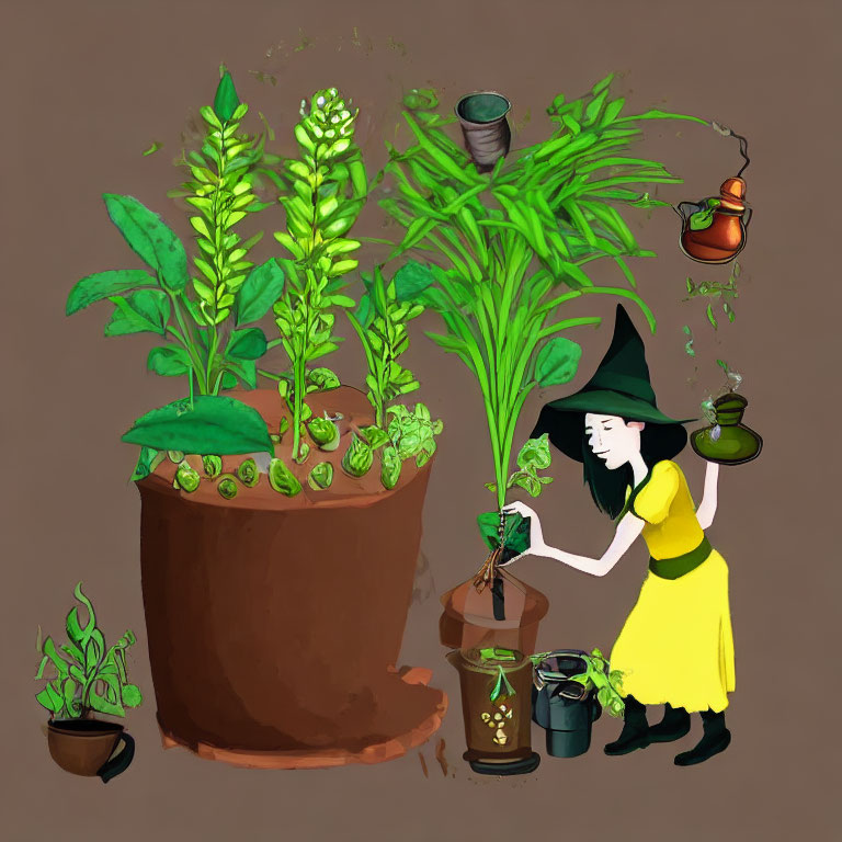 Cartoon witch in yellow dress and green hat with oversized plants and magical potions.