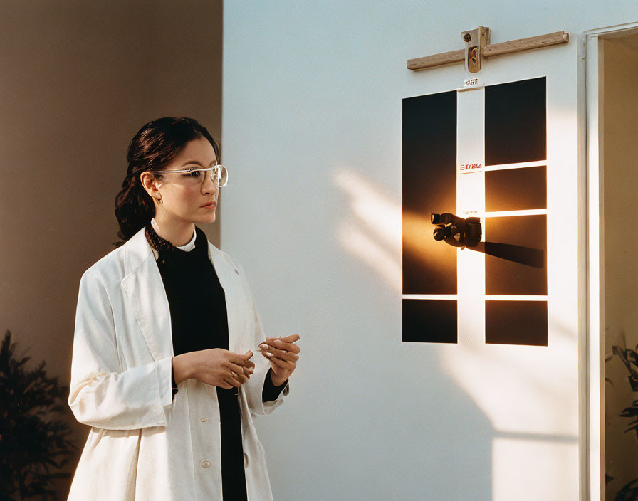 Female scientist analyzing color test chart in sunlit lab.