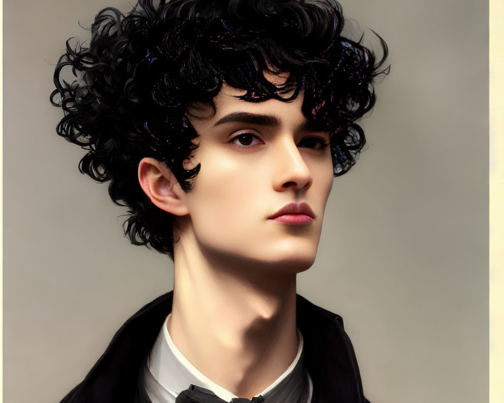 Portrait of young man with curly black hair in black coat and bow tie