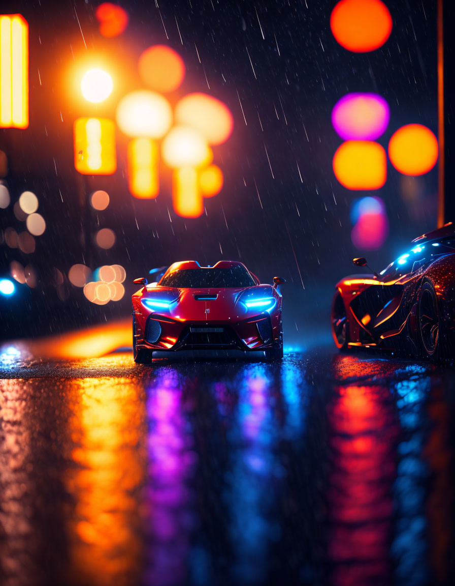 Vibrant neon-lit wet street with two sports cars at night