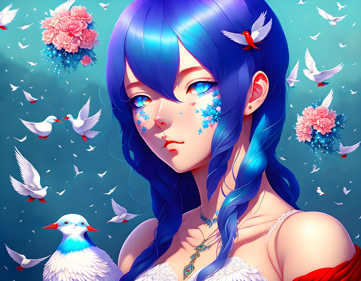 Digital artwork: Woman with blue hair, freckles, birds, and flowers on teal background