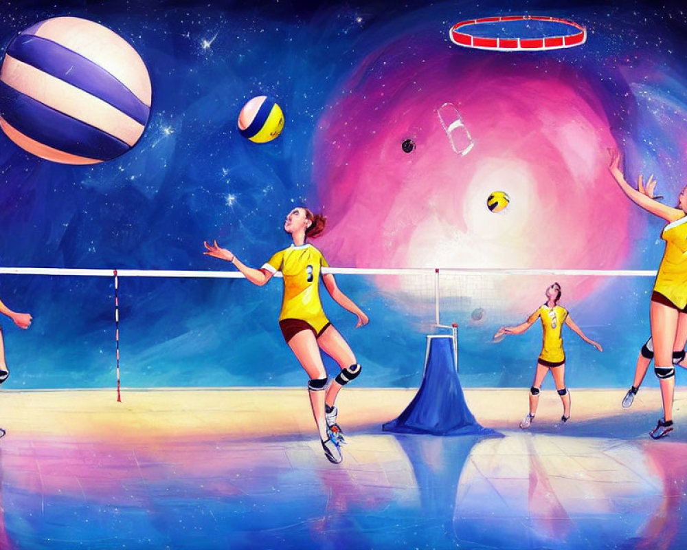 Colorful Artwork: Four Women Playing Volleyball in Cosmic Setting