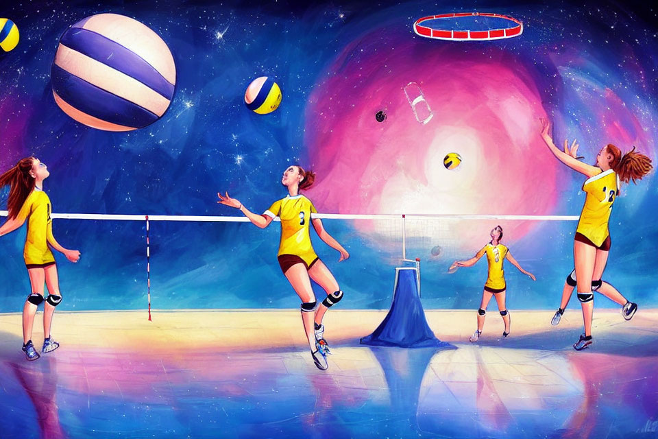 Colorful Artwork: Four Women Playing Volleyball in Cosmic Setting