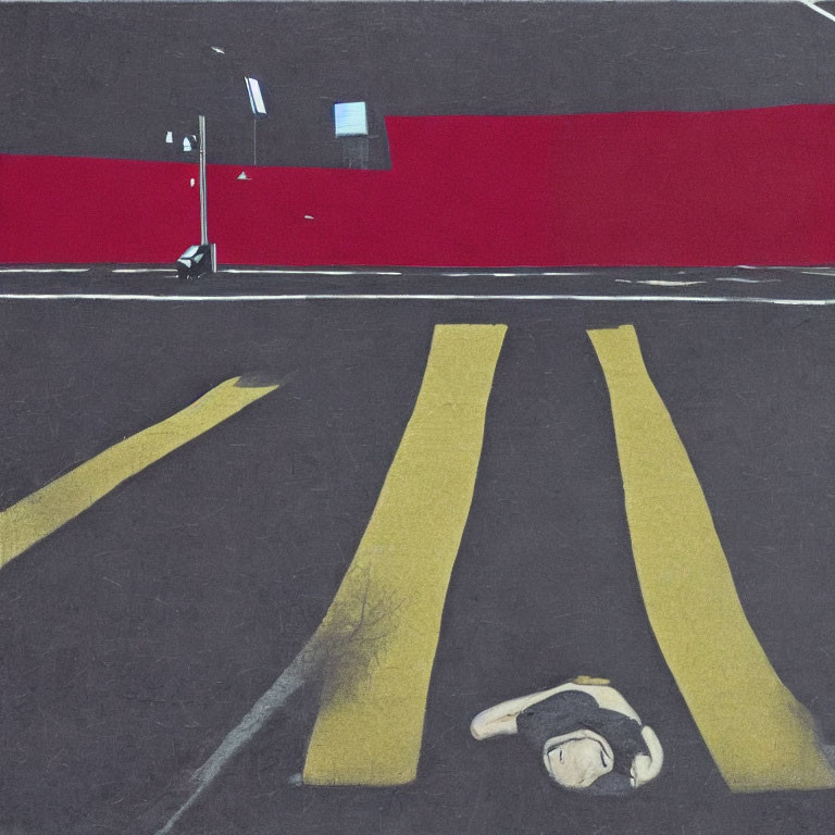 Yellow-lined pedestrian crosswalk at night with red building and streetlight shadow.