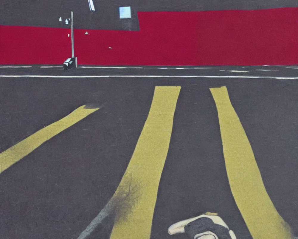 Yellow-lined pedestrian crosswalk at night with red building and streetlight shadow.