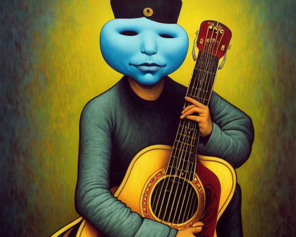 Surreal painting of person with blue mask and guitar on vibrant background