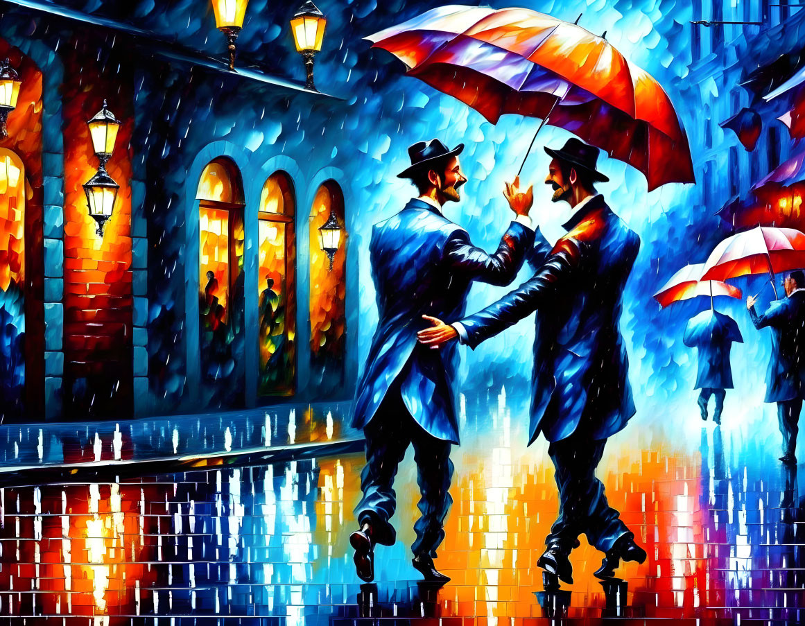 Elegantly Dressed Couple with Umbrellas on Rainy Night Street