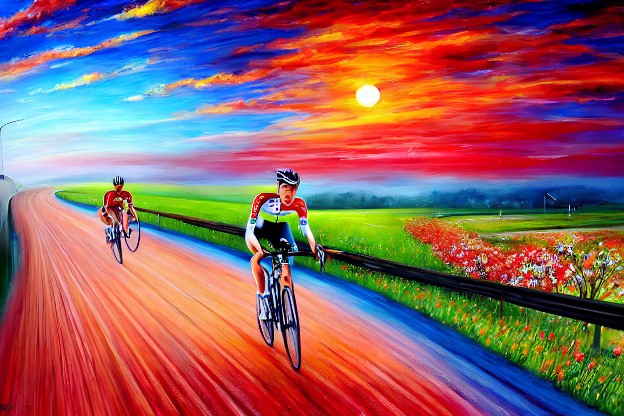 Vividly colored road with two cyclists under dramatic sunset sky