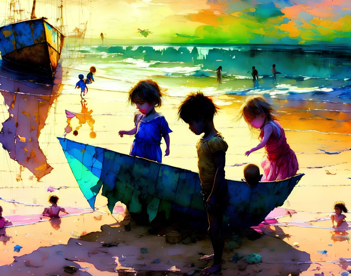 Vibrant sunset beach scene with children playing around old boat