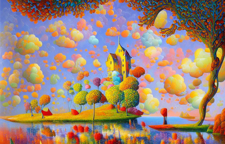 Colorful Landscape Painting with Castle, Trees, Lake, and Clouds